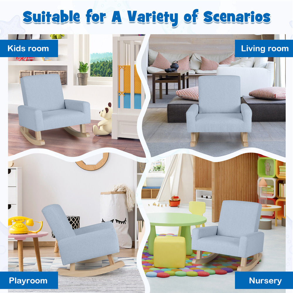 Kids rocking chair in blue with solid wood legs, perfect for living room or nursery, designed for ages 3-5 years.