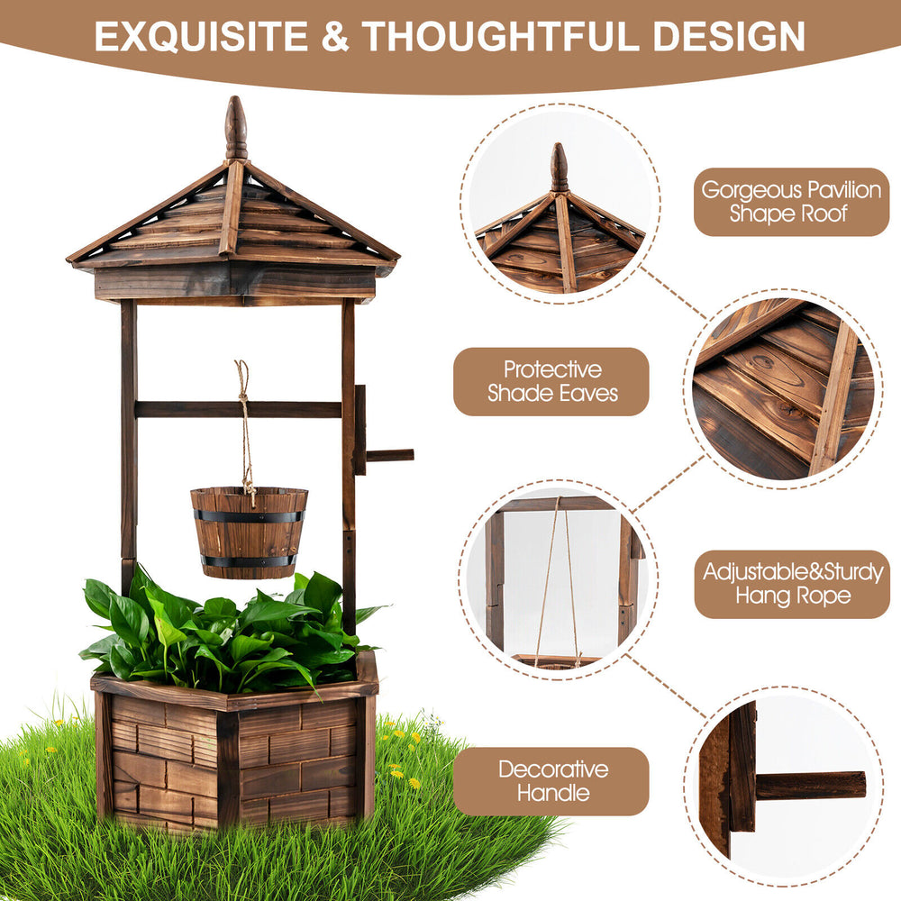 Rustic wooden wishing well planter with adjustable bucket, hexagonal base, and protective roof for outdoor gardening.