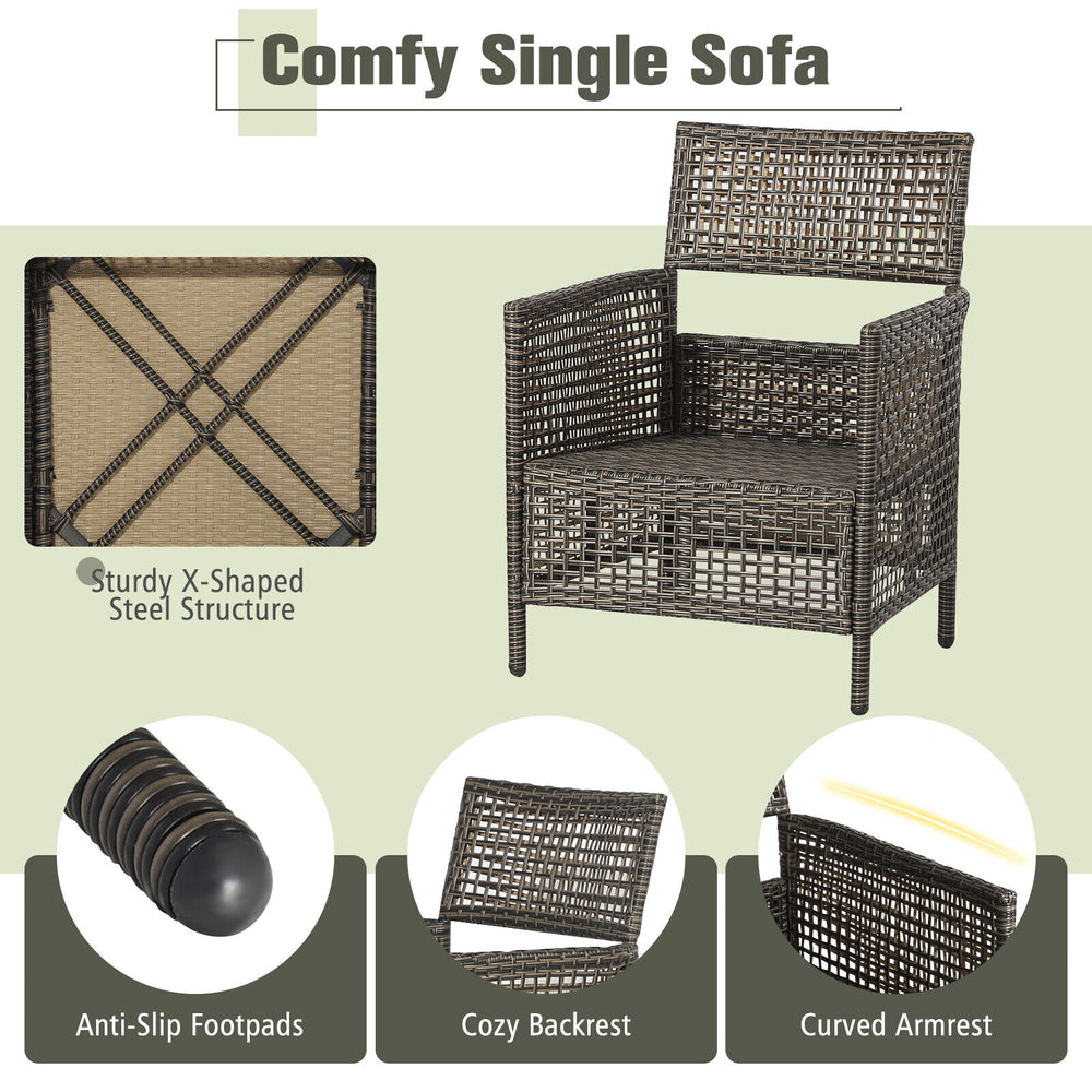 Single patio rattan sofa with cozy backrest and curved armrests, featuring a sturdy steel frame for outdoor relaxation.