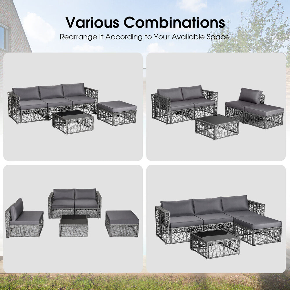 5-piece gray patio PE rattan wicker sofa set with cushions, customizable arrangements for outdoor comfort and style.