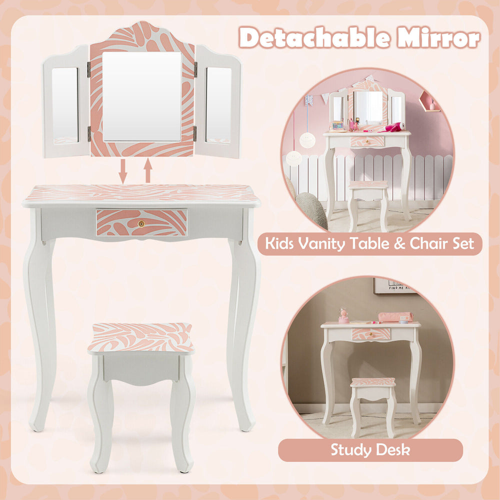Kids vanity table set with tri-folding mirror in pink and white, perfect for makeup or study, featuring ample storage.