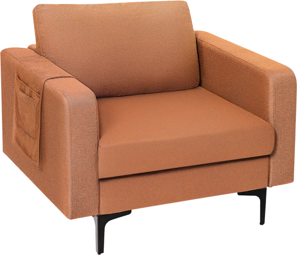 Modern orange accent armchair showcasing a side storage pocket and cozy armrests, ideal for stylish living spaces.
