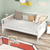 White wooden full-size daybed frame with guardrails, featuring cushions and ample under-bed storage for versatile use.