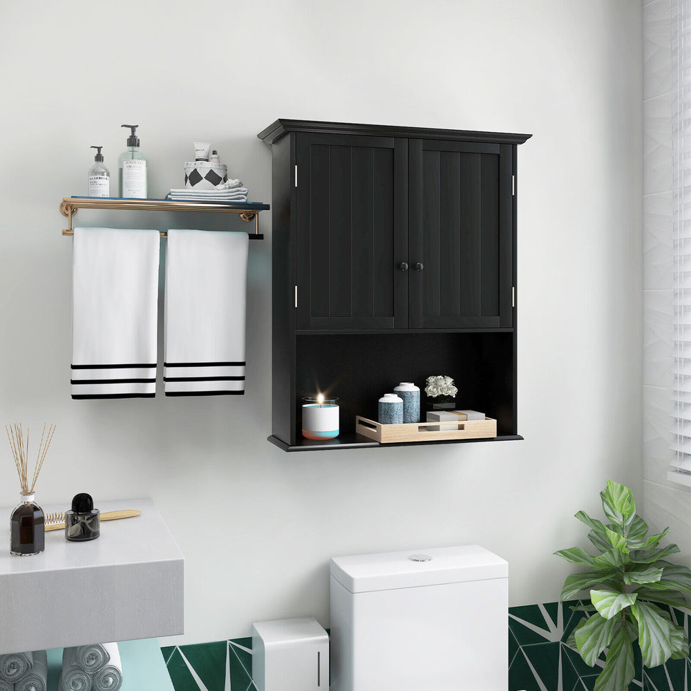 2-Door Wall Mount Bathroom Storage Cabinet with Open Shelf-Black - Gallery View 1 of 10