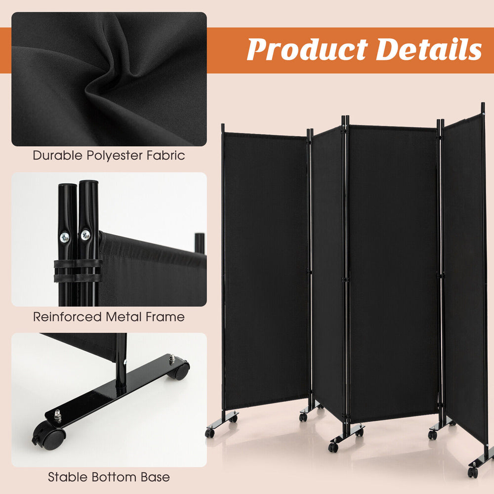 4-panel folding room divider in black with a durable polyester fabric and lockable wheels for easy mobility and.