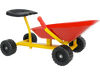 Heavy duty kids ride-on sand dumper with 360-degree rotatable seat, red metal scoop, and all-terrain wheels for outdoor.