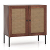Walnut kitchen sideboard with 2 rattan doors, adjustable shelf, and sturdy metal legs for versatile storage solutions.