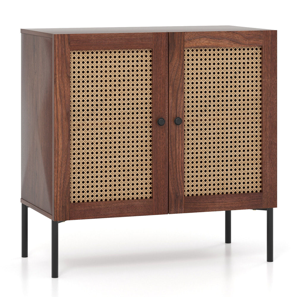 Walnut kitchen sideboard with 2 rattan doors, adjustable shelf, and sturdy metal legs for versatile storage solutions.