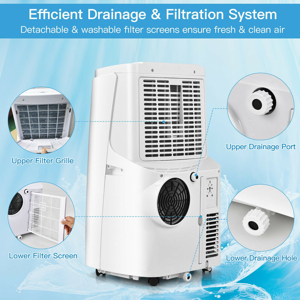 Close-up of the 9000BTU portable air conditioner's filtration system, featuring upper drainage port and filter screens.