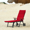 Red folding patio rattan lounge chair with wheels, adjustable backrest, perfect for beach and outdoor relaxation.