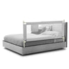 Toddler bed rail in gray with a sleek design, showcasing adjustable height and convenient vertical lifting mechanism.