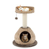 Hand-made 28-inch cat tree tower with water hyacinth, featuring a cozy cat house and jump platform for playful.