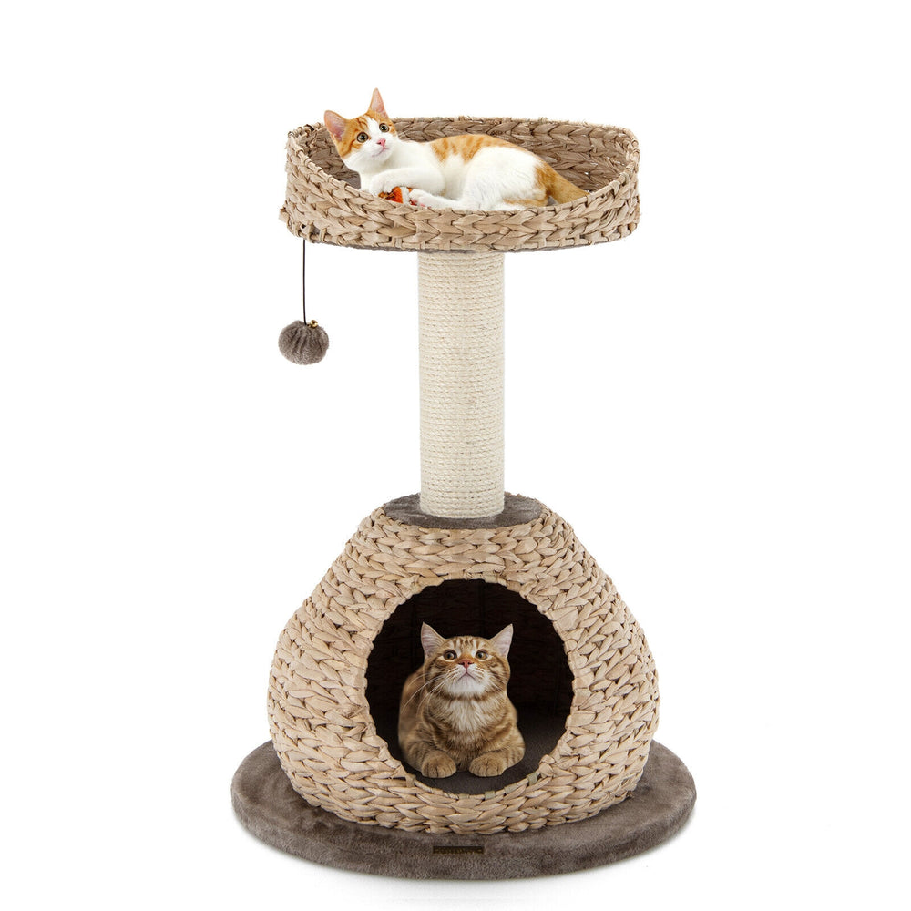 Hand-made 28-inch cat tree tower with water hyacinth, featuring a cozy cat house and jump platform for playful.