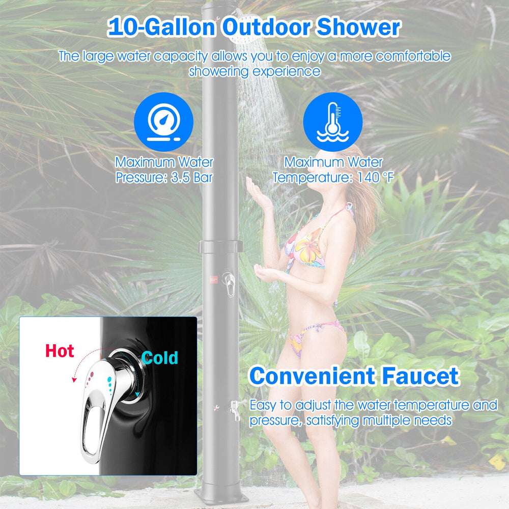 7.2 feet solar-heated outdoor shower in black with a 360° rotating shower head and convenient foot tap for easy use.