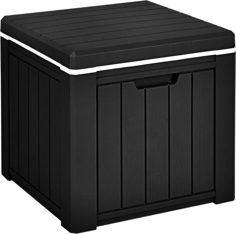 Black 10-gallon storage cooler with removable lid, versatile as a side table or stool for outdoor activities.