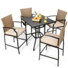 Set of 4 patio rattan bar stools with soft cushions, ergonomic design, suitable for outdoor use in backyard or garden.
