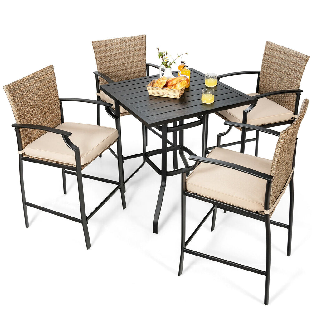 Set of 4 patio rattan bar stools with soft cushions, ergonomic design, suitable for outdoor use in backyard or garden.
