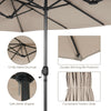 Double-sided beige patio umbrella with 12-rib metal structure and hand-crank system for easy opening and closing.