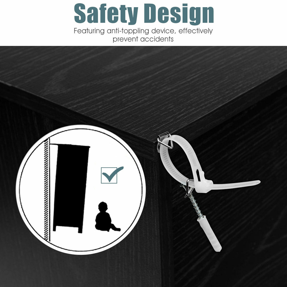 Close-up of the anti-tipping device on a black 2-drawer lateral file cabinet for safety and stability in home or office.