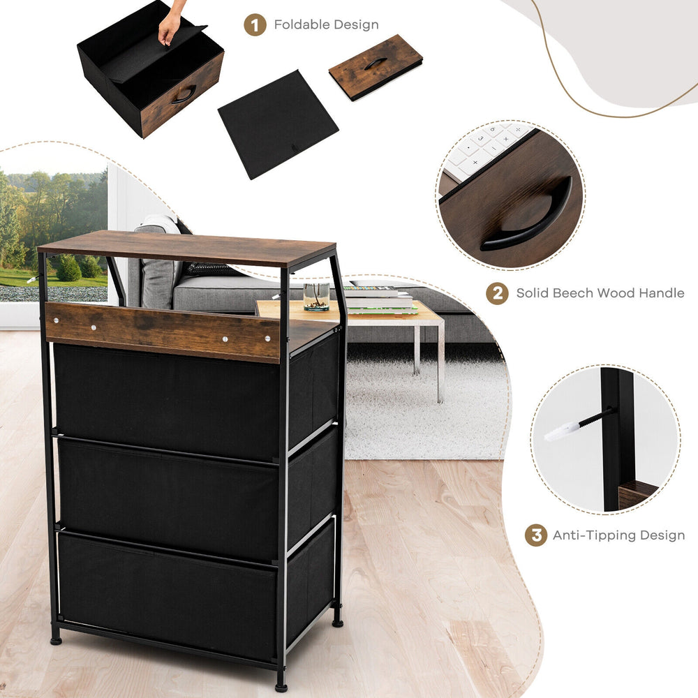 Freestanding cabinet dresser with wooden top, featuring 3 folding drawers and sturdy steel frame for versatile storage.
