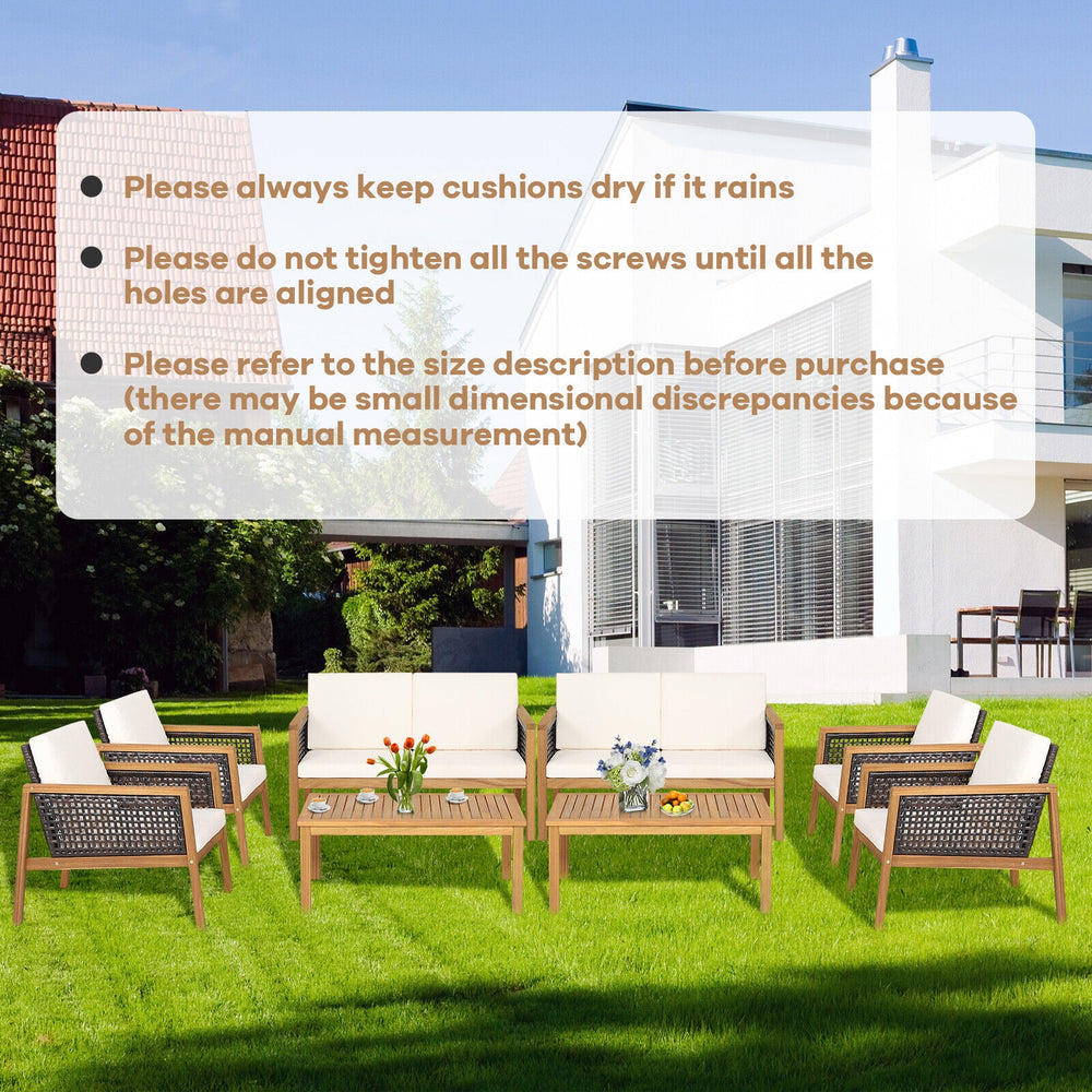 4-piece patio rattan furniture set with white removable cushions, featuring acacia wood and ergonomic design for.