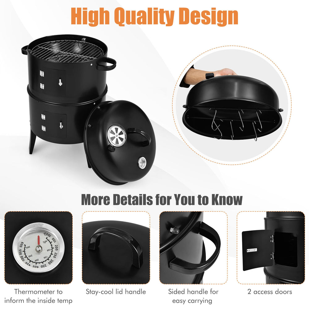 3-in-1 charcoal BBQ grill with built-in thermometer, removable layers, and two cooking grills for versatile outdoor.