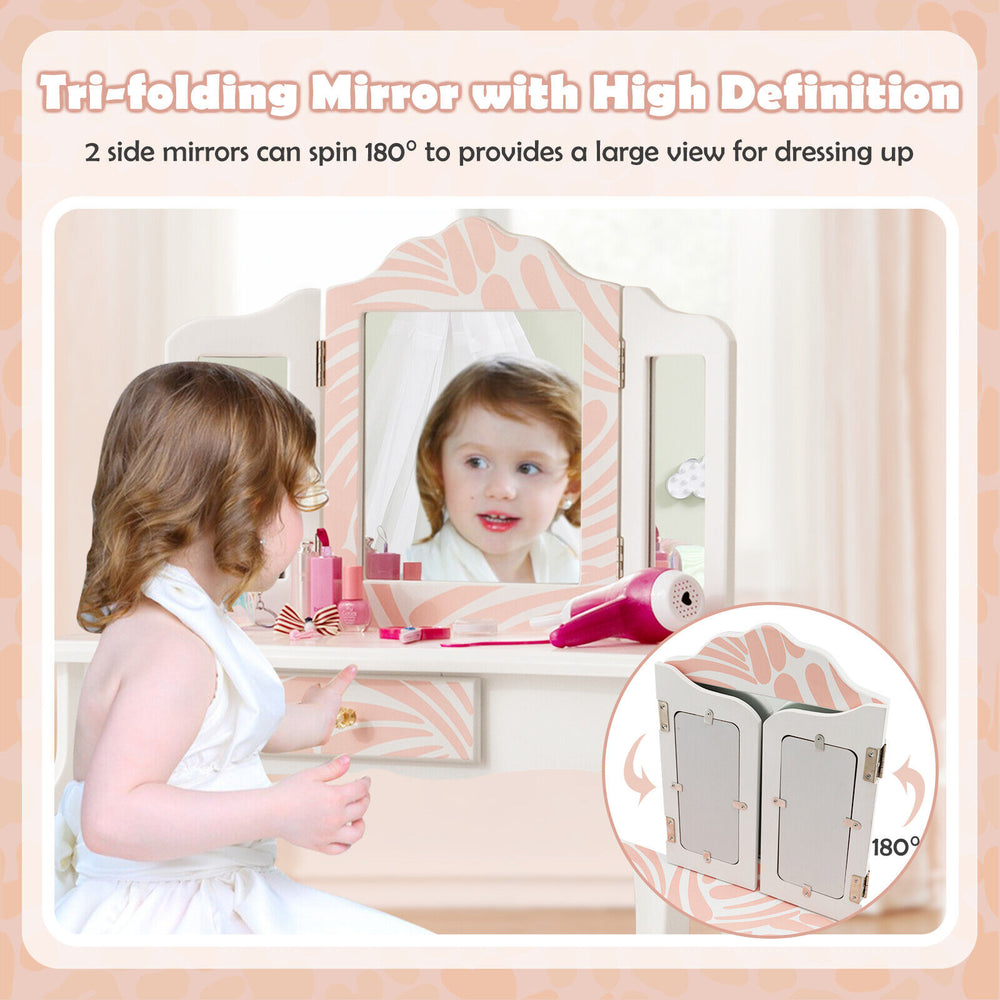 Tri-folding mirror on a pink kids vanity table set, perfect for makeup and study, featuring a cute zebra print design.
