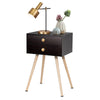 Mid Century Modern nightstand with two drawers in natural-coffee finish, featuring solid wood legs and stylish lamp.