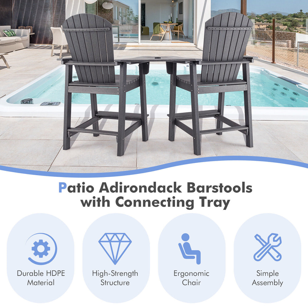 Gray HDPE tall Adirondack barstools with middle connecting tray, perfect for poolside relaxation and easy assembly.
