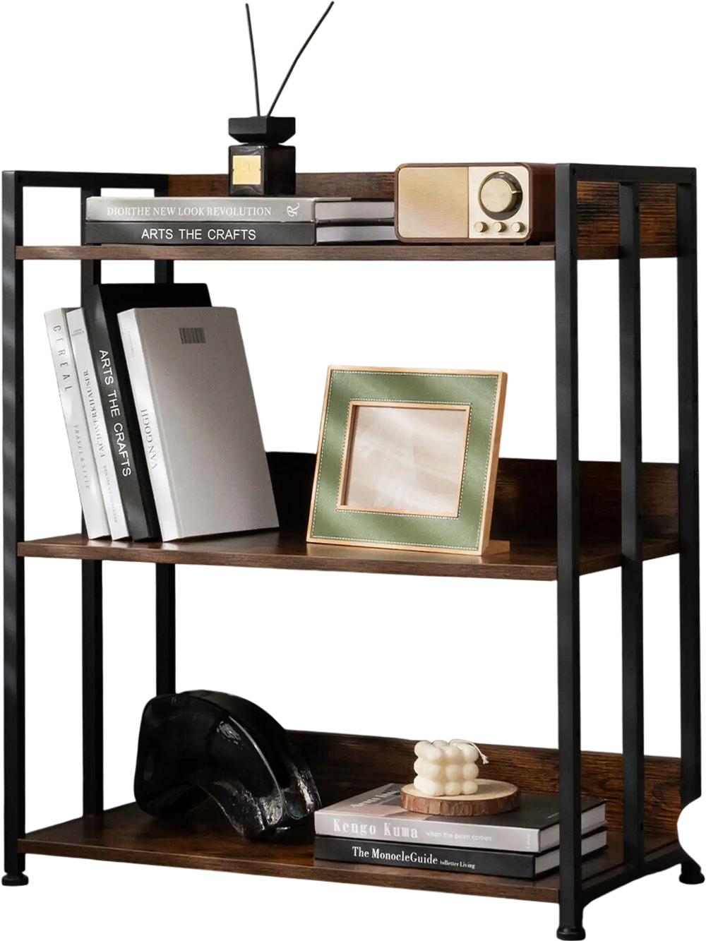 Three-tier industrial bookshelf with adjustable shelves, durable engineered wood, and sturdy metal frame for versatile.