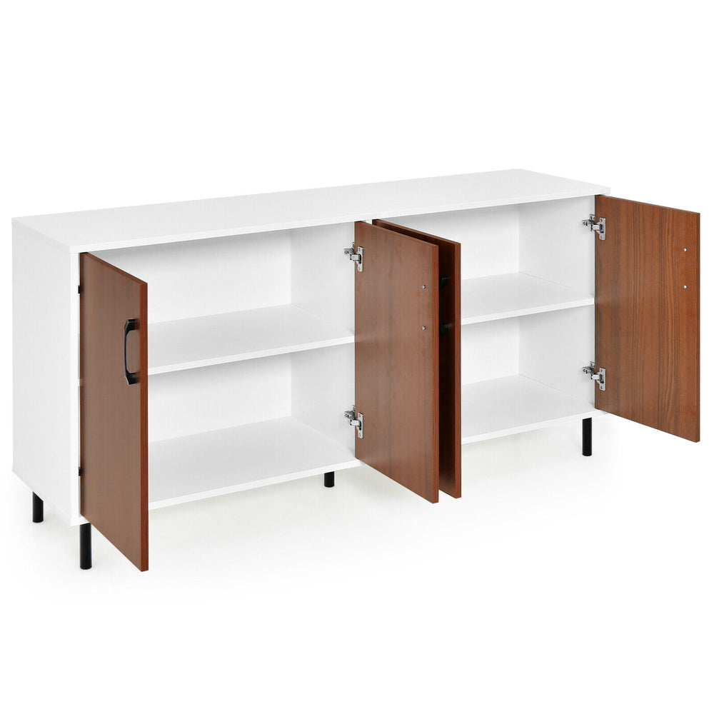 4-door kitchen buffet sideboard in white with wooden doors, featuring spacious storage compartments for organized.