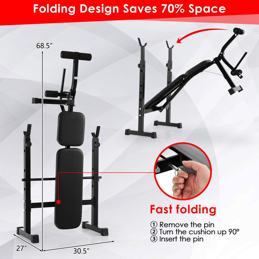 Adjustable weight bench and barbell rack set with folding design, featuring soft foam padding and sturdy metal.