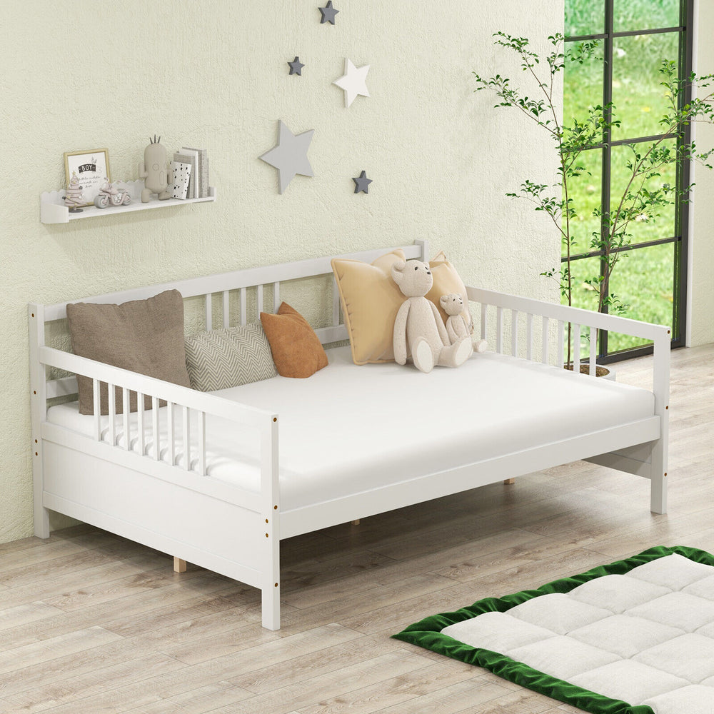 Wooden full-size daybed frame in white with guardrails, suitable for living rooms or bedrooms, featuring ample storage.