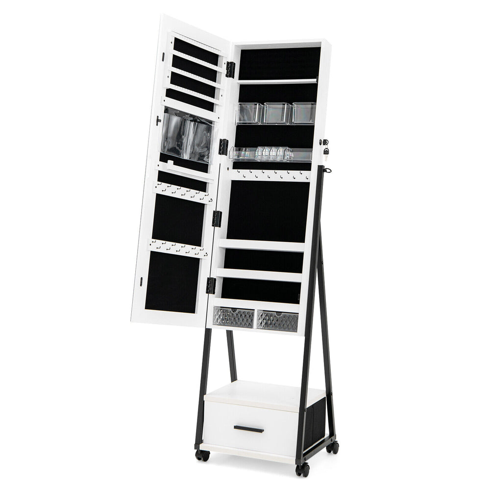 Jewelry cabinet with full-length mirror, white MDF and steel, features multiple storage partitions and a large bottom.
