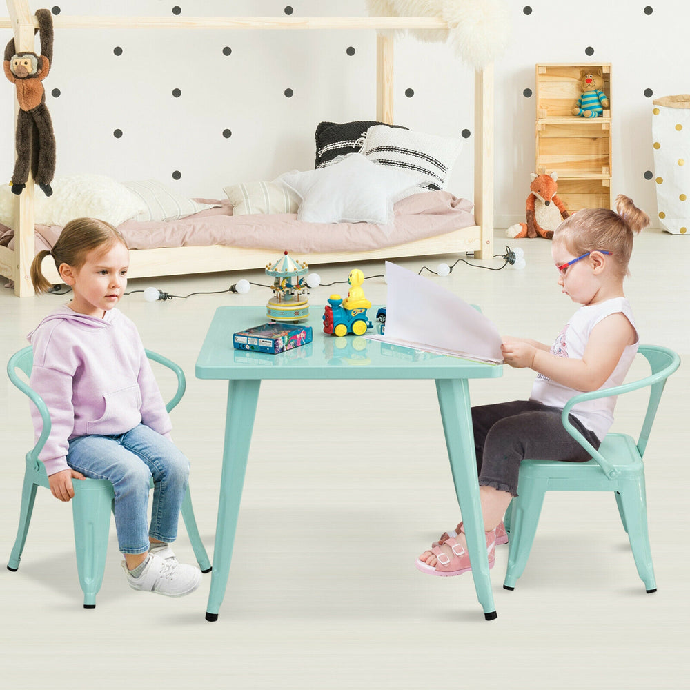 Kids square steel table in blue with two children playing, perfect for learning activities in home or nursery settings.