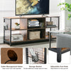 Mid-century wooden TV stand in rustic brown featuring cable management holes and adjustable foot pads for stability.
