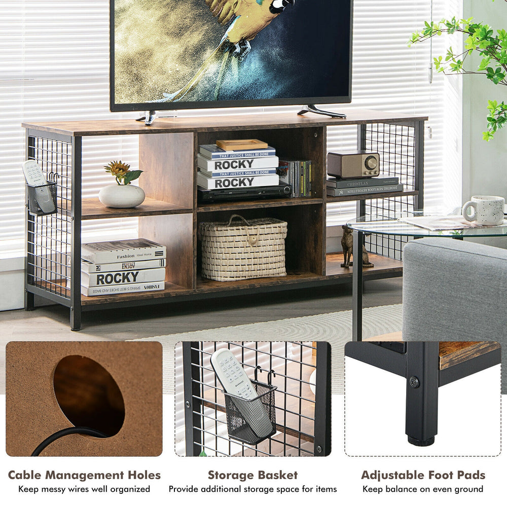 Mid-century wooden TV stand in rustic brown featuring cable management holes and adjustable foot pads for stability.