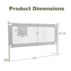 Toddler bed rail dimensions showing 69.5 inches length, adjustable height 28.5-40 inches, gray with side pocket.