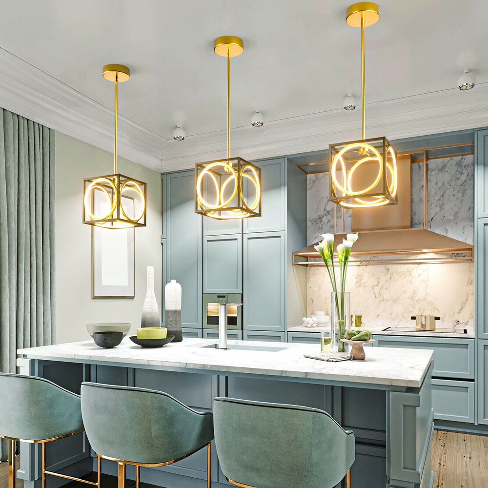 Modern LED pendant light with golden cube design, adjustable suspender, ideal for kitchen or living room illumination.