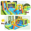 Inflatable water slide bounce house with splash pool, featuring climbing wall and water cannons for outdoor fun.