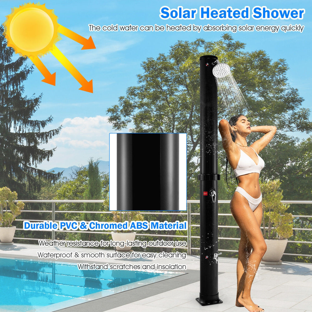 Solar-heated outdoor shower in black, made of durable PVC and chromed ABS, ideal for rinsing off after outdoor.