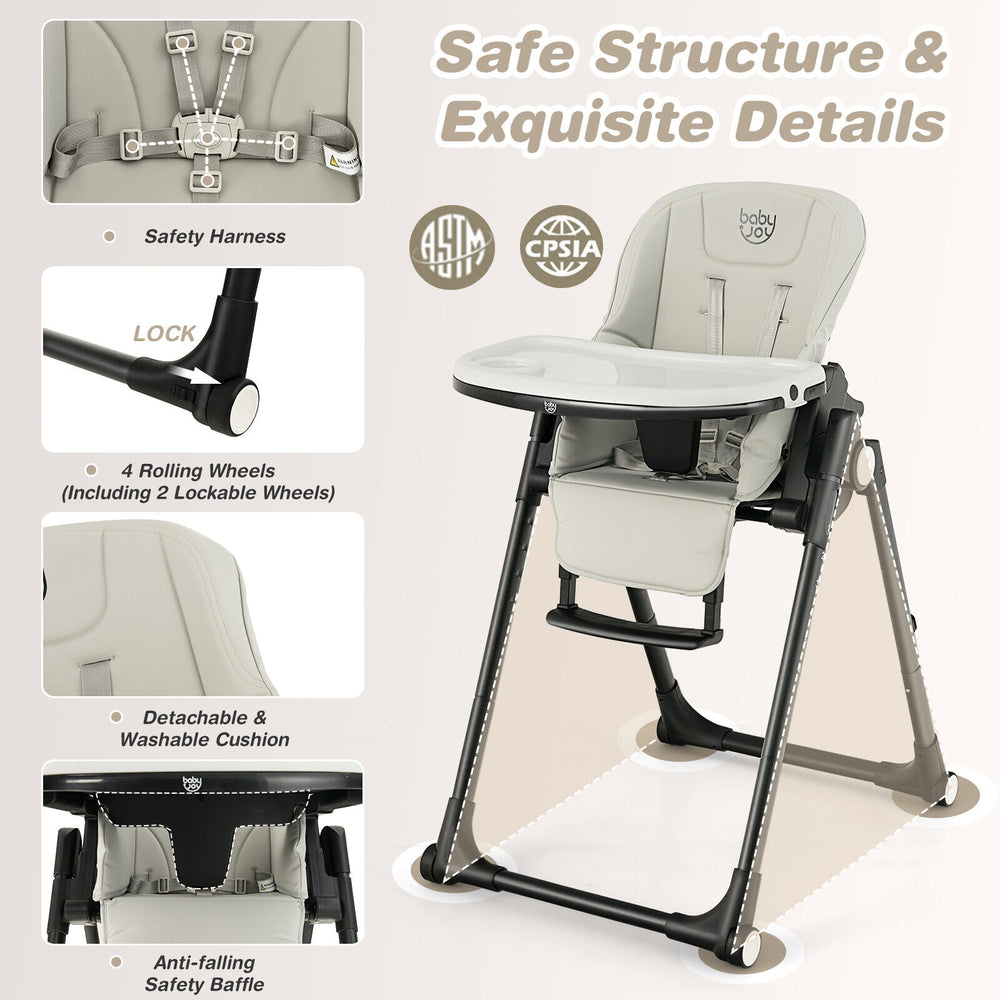 4-in-1 baby high chair in gray with adjustable height, detachable cushion, and rolling wheels for easy mobility.