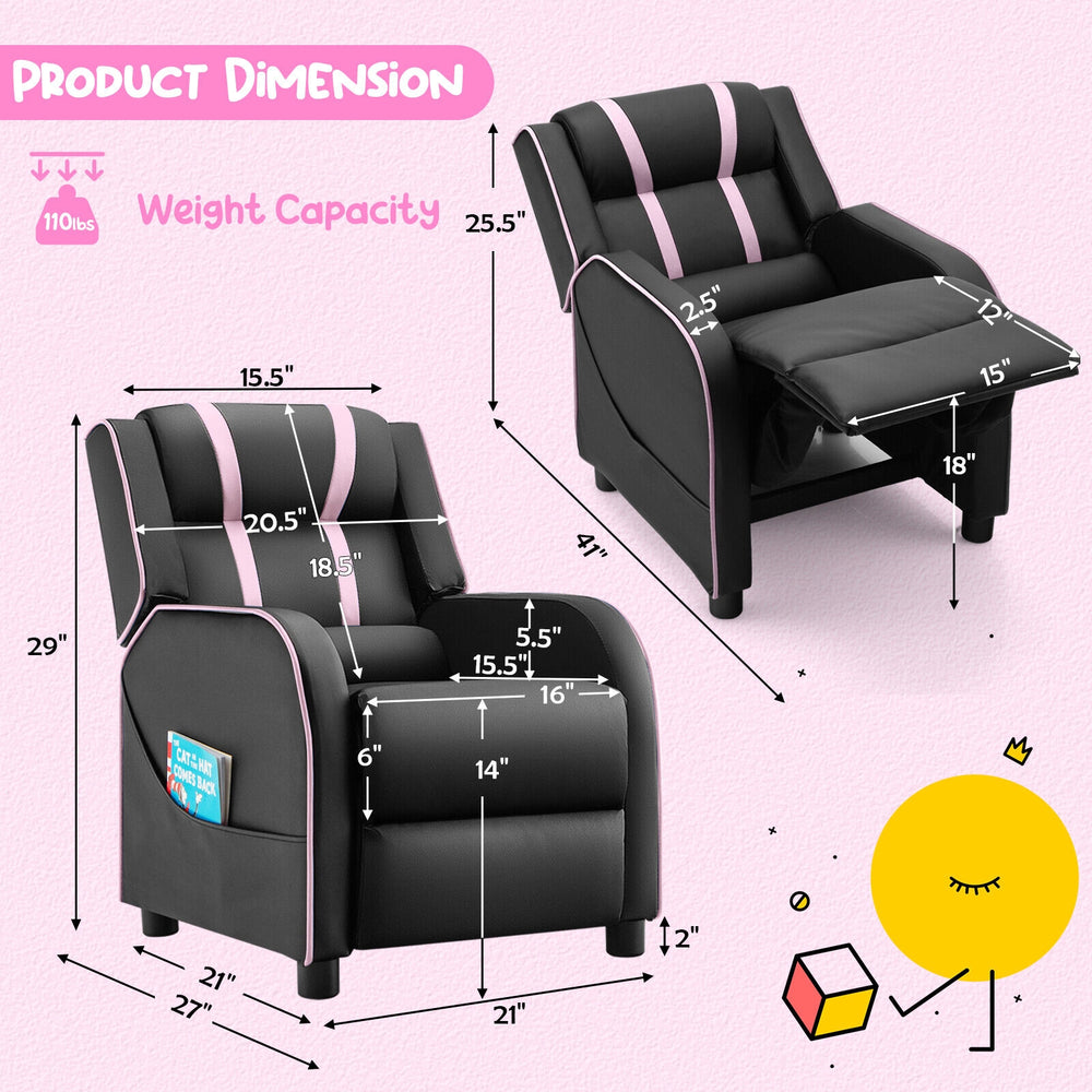 Kids recliner chair in pink with adjustable backrest and footrest, featuring side pockets for storage, ideal for.