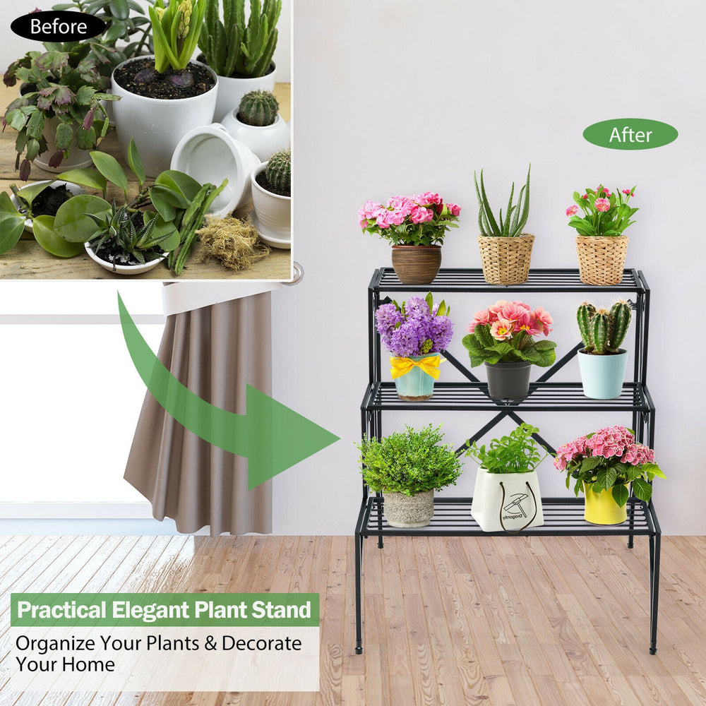 3-tier black metal plant stand with widened grid shelf, perfect for organizing plants indoors or outdoors.