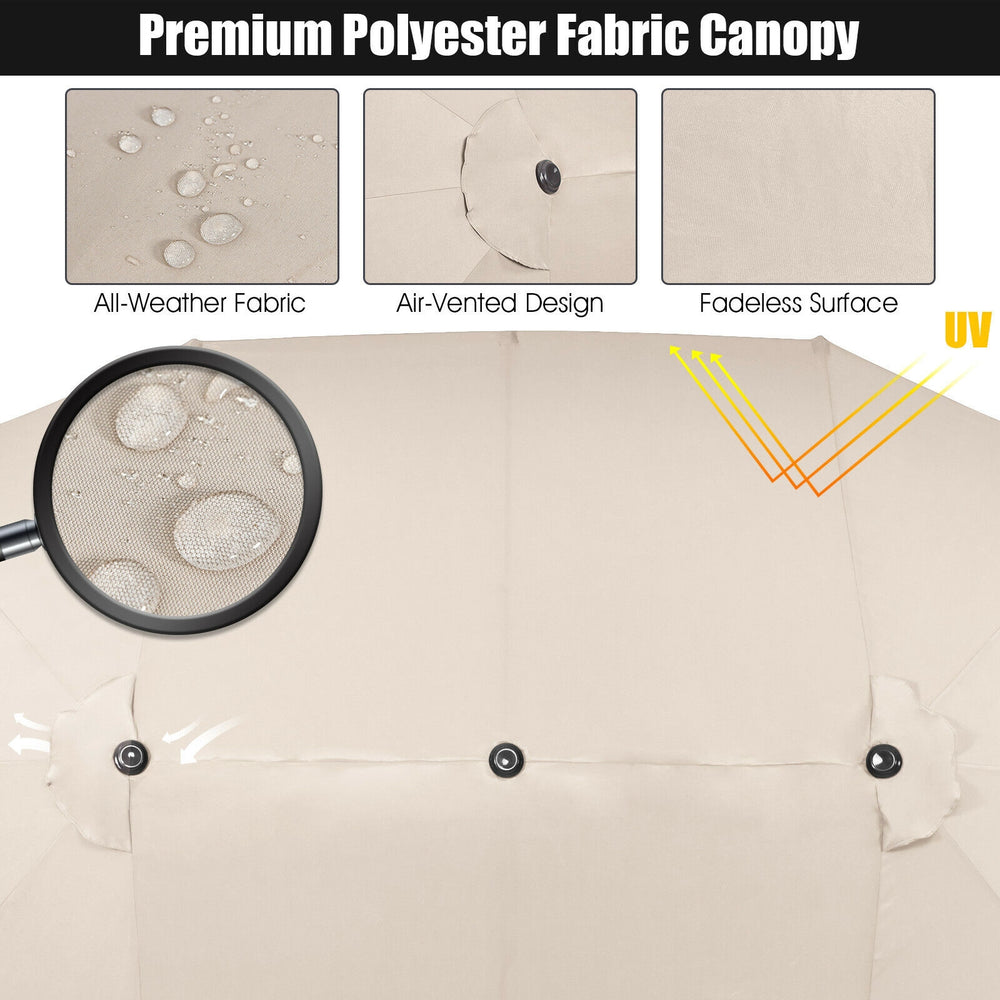 Double-sided beige patio umbrella canopy with air vents, made of premium polyester for sun protection and durability.