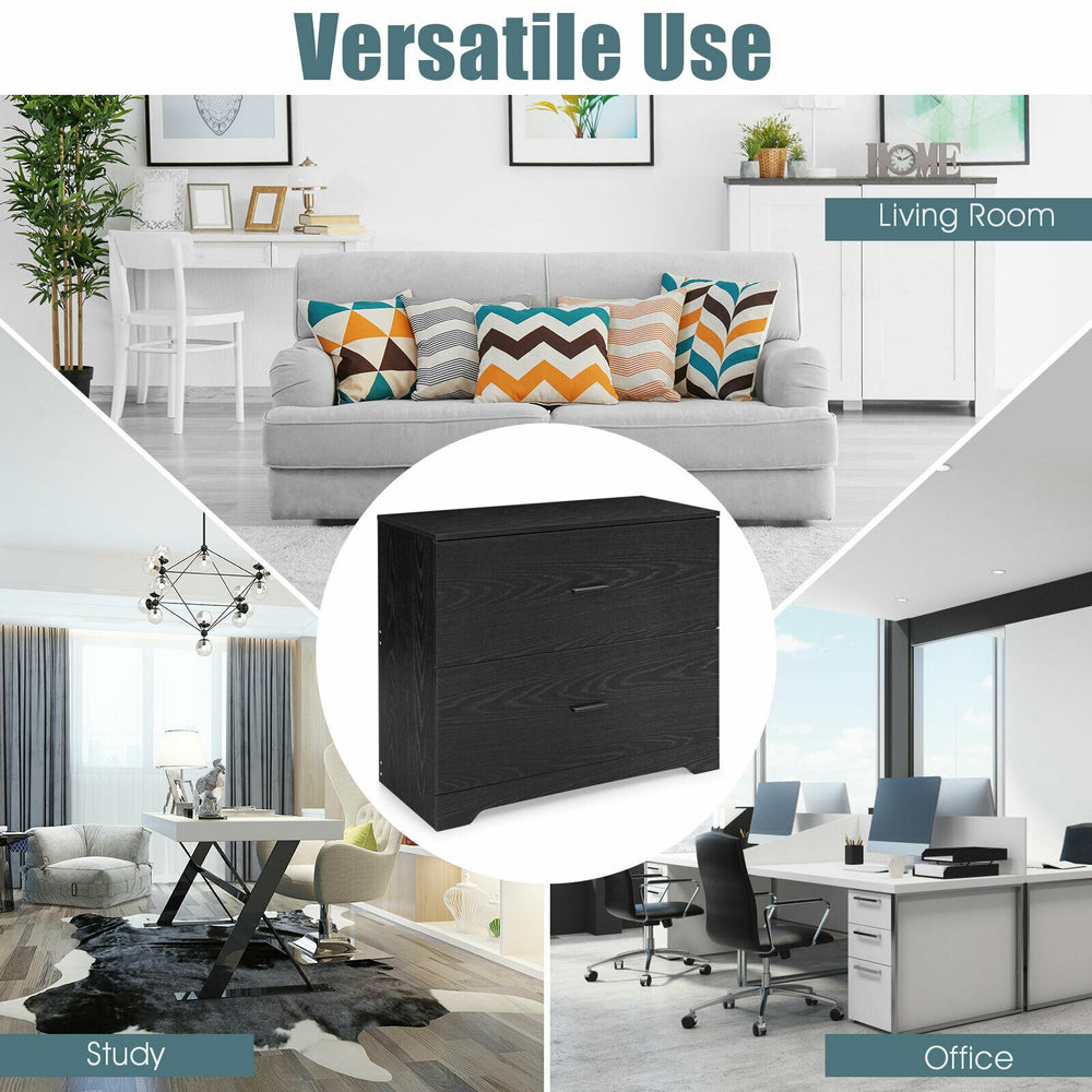 2-drawer lateral file cabinet in black with adjustable bars, perfect for home or office organization and modern decor.