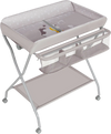 Gray baby changing table with safety belt, storage basket, and foldable design for convenient use and baby care.