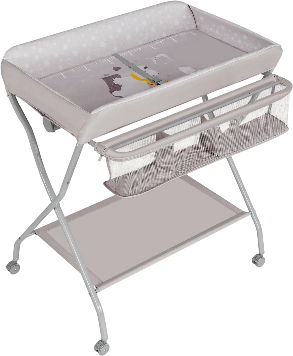 Gray baby changing table with safety belt, storage basket, and foldable design for convenient use and baby care.