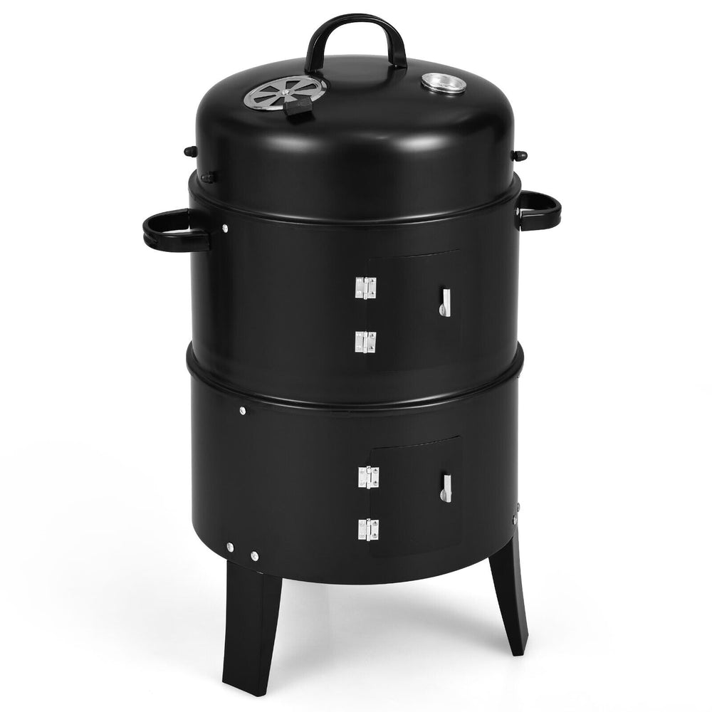 3-in-1 charcoal BBQ grill with built-in thermometer, vertical design, and removable layers for grilling, smoking, and.