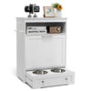 Pet feeder station in white with stainless steel bowls, storage cabinet, and open compartment for pet supplies.